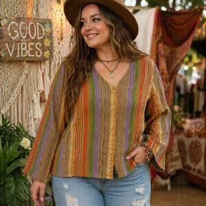 Collections Etc Button Boho Top Sz XL Lagenlook Festival Textured Hippie Earthy